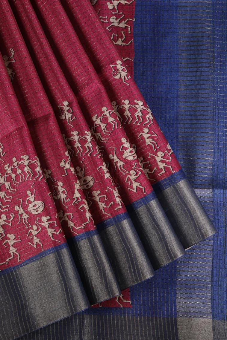 Magenta Pink Tussar Saree with Copper Zari Kalam Kari Pattern