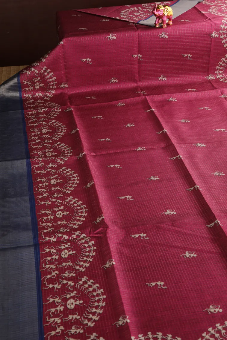 Magenta Pink Tussar Saree with Copper Zari Kalam Kari Pattern view 2