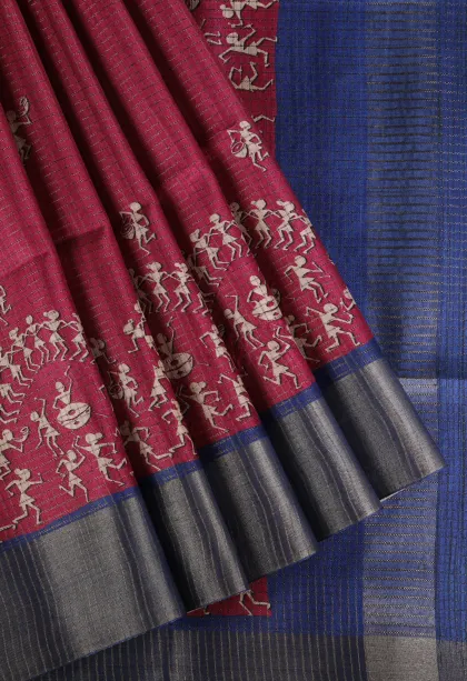 Magenta Pink Tussar Saree with Copper Zari Kalam Kari Pattern
