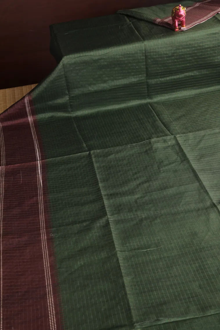 Bottle Green Tussar Saree with Gold Zari Checks view 2