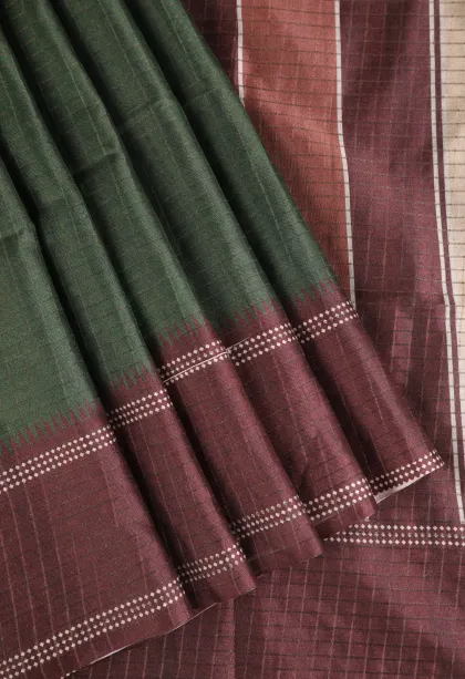 Bottle Green Tussar Saree with Gold Zari Checks