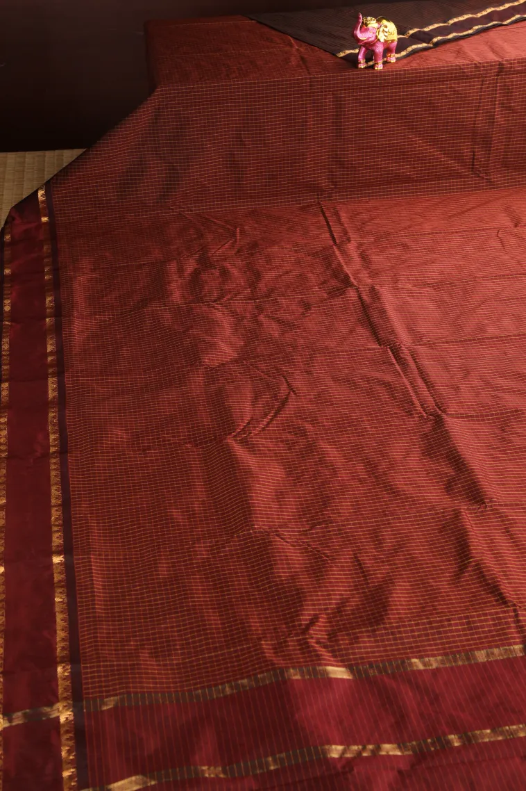 Berry Red Soft Silk Saree with Gold Zari Checks view 2