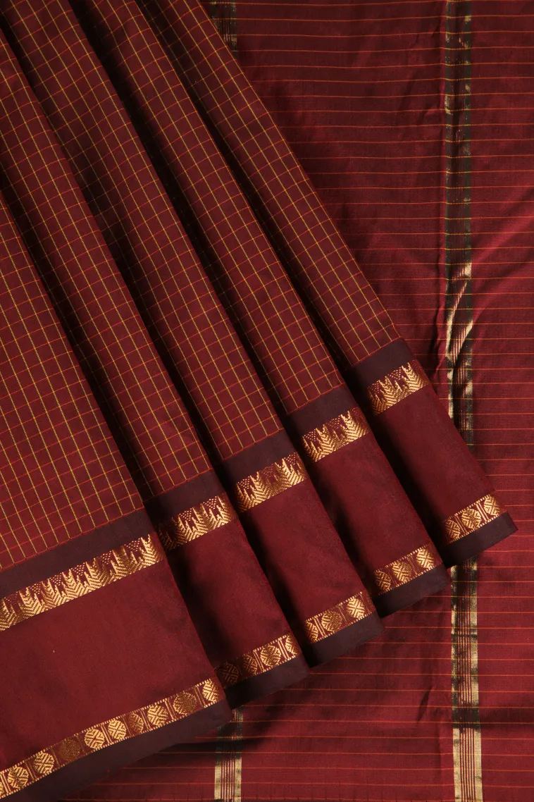 Berry Red Soft Silk Saree with Gold Zari Checks