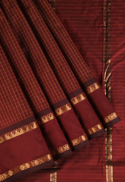 Berry Red Soft Silk Saree with Gold Zari Checks