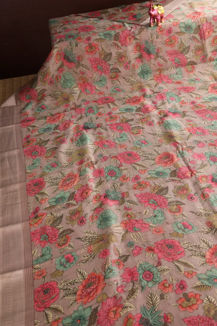 Crepe Pink Chanderi Cotton Sarees with Copper Zari Floral Patterns view 2