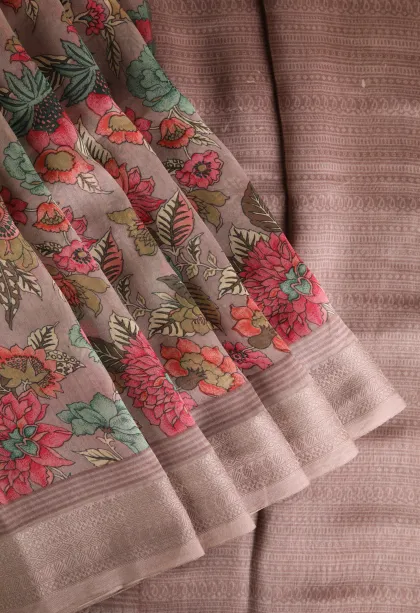 Crepe Pink Chanderi Cotton Sarees with Copper Zari Floral Patterns