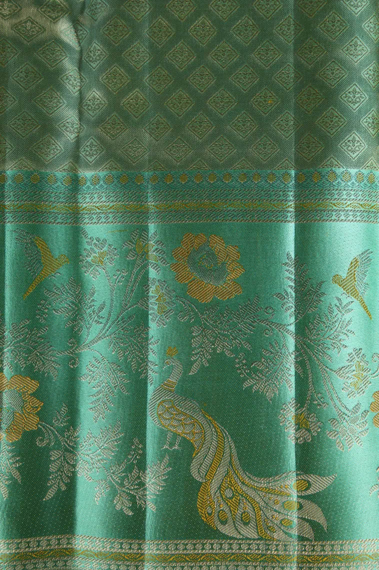 Gold Kanchipuram Silk Sarees with Gold And Silver Zari Floral Patterns view 3