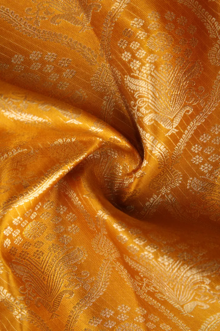 Gold Kanchipuram Silk Sarees with Gold And Silver Zari Floral Patterns view 4