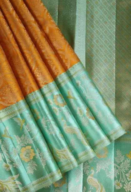Gold Kanchipuram Silk Sarees with Gold And Silver Zari Floral Patterns