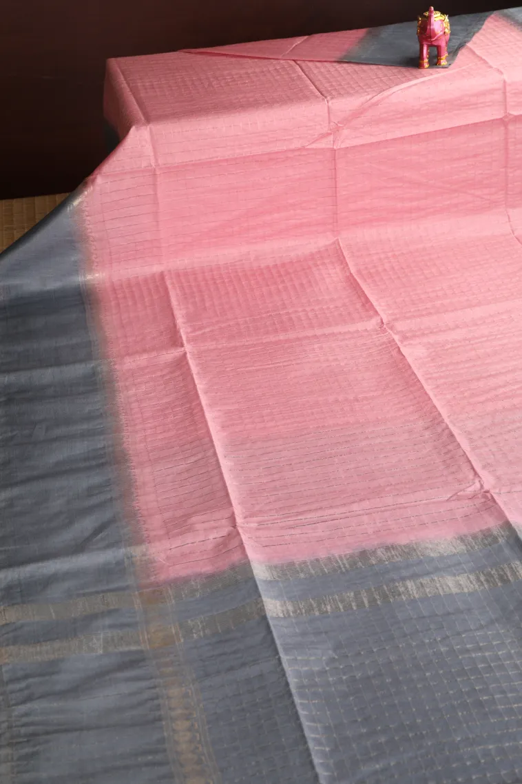 Lemonade Pink Tussar Saree with Gold Zari Checks view 2