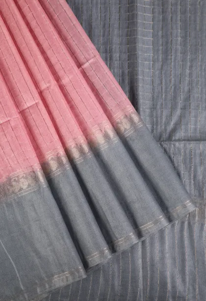 Lemonade Pink Tussar Saree with Gold Zari Checks