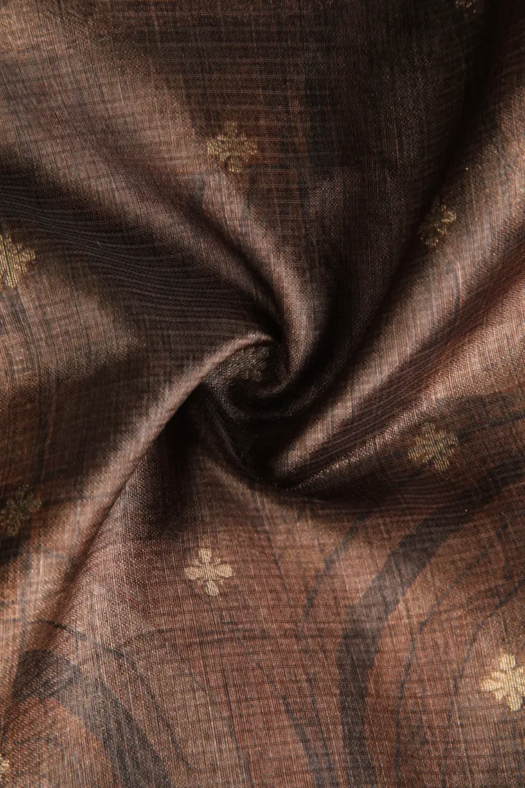 Coffee Brown Semi Tussar Silk with Bronze Zari Floral Patterns view 4