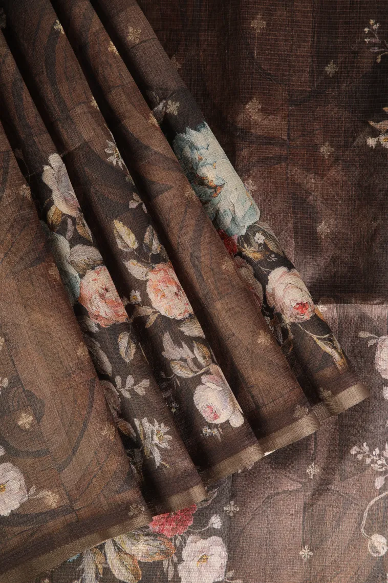Coffee Brown Semi Tussar Silk with Bronze Zari Floral Patterns