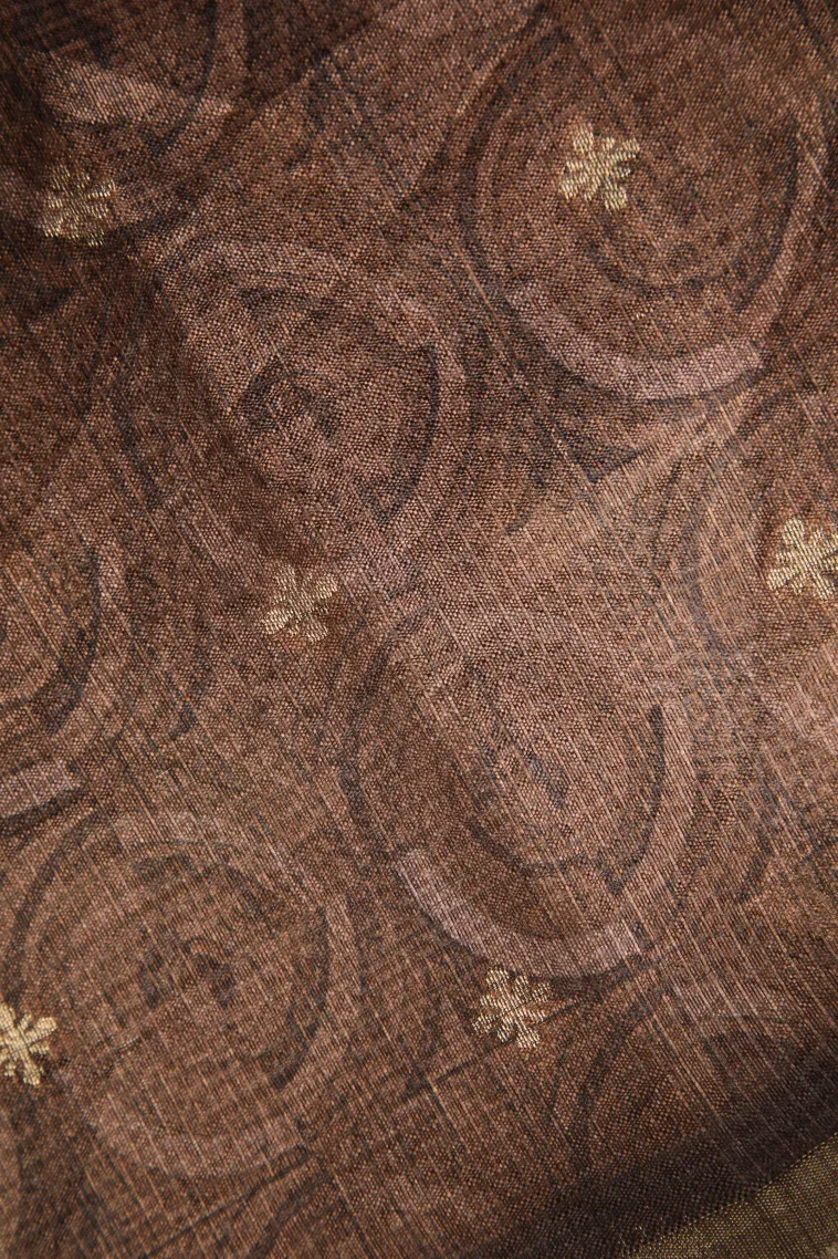 Coffee Brown Semi Tussar Silk with Bronze Zari Floral Patterns view 3