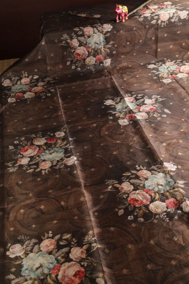 Coffee Brown Semi Tussar Silk with Bronze Zari Floral Patterns view 2