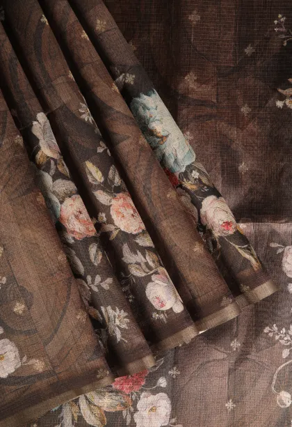 Coffee Brown Semi Tussar Silk with Bronze Zari Floral Patterns