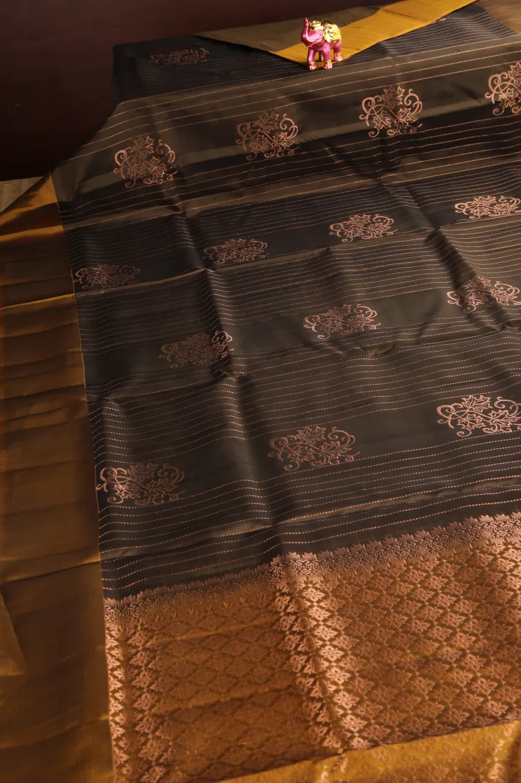Coffee Brown Soft Silk Saree with Copper Zari Straipes And Puttas view 2