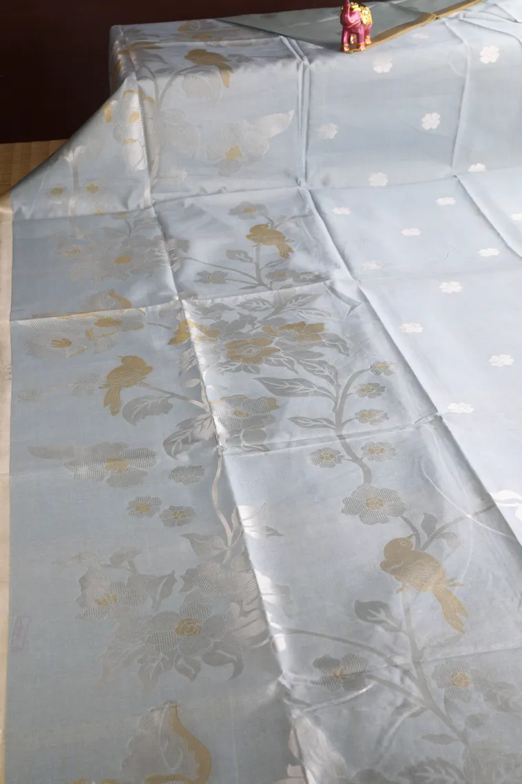 Gray Black Tussar Saree with Gold And Silver Zari Flower Mottif view 2