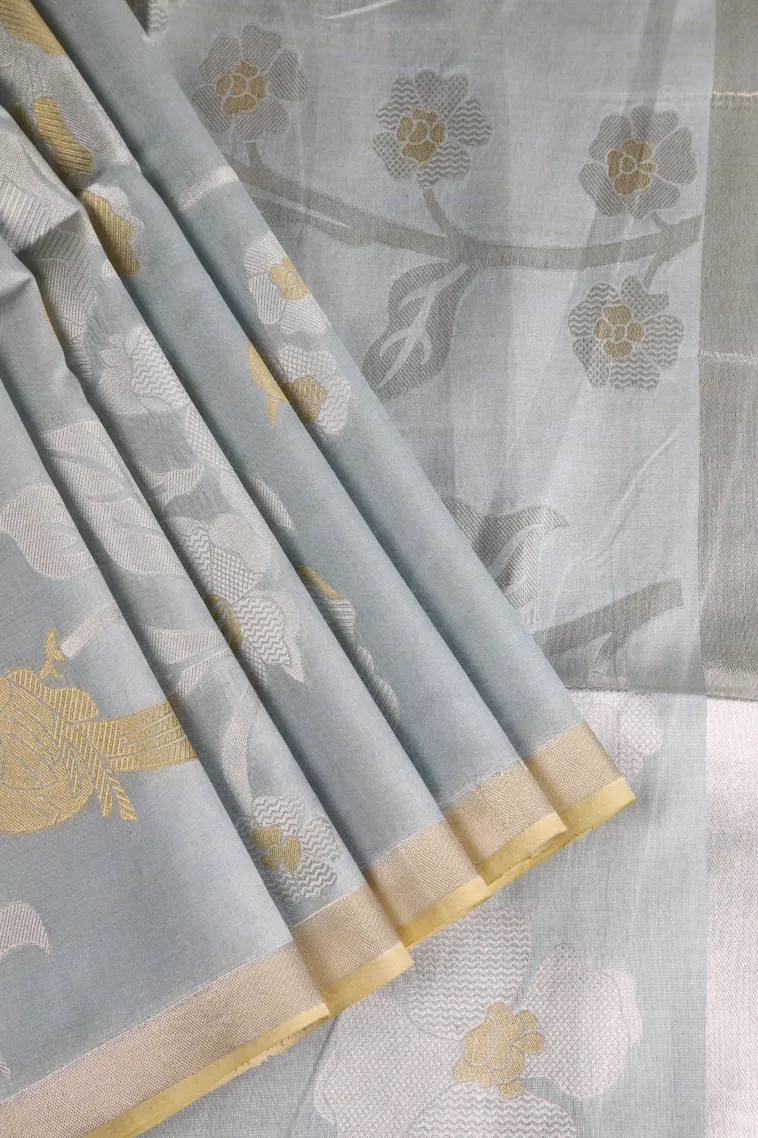 Gray Black Tussar Saree with Gold And Silver Zari Flower Mottif