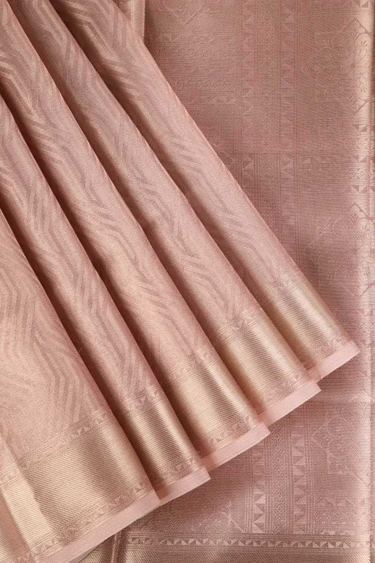 Peach Pink Organza Saree with Bronze Zari Floral Patterns