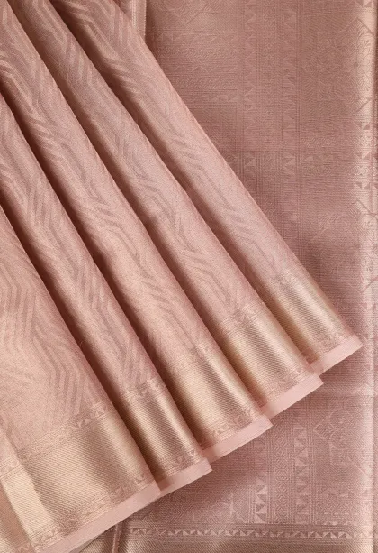 Peach Pink Organza Saree with Bronze Zari Floral Patterns