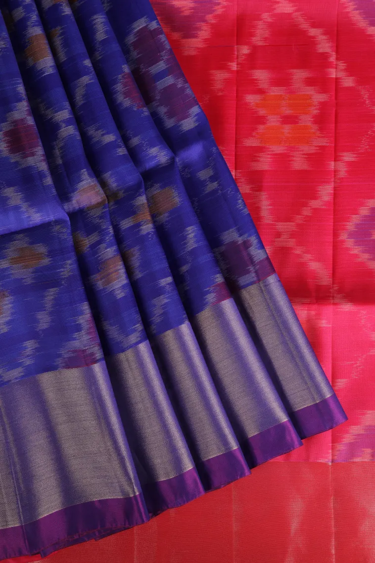 Admiral Blue Pochampalli Saree Without Zari With Floral Patterns