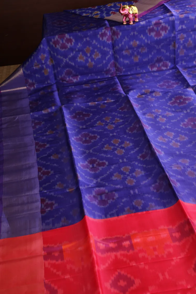 Admiral Blue Pochampalli Saree Without Zari With Floral Patterns view 2