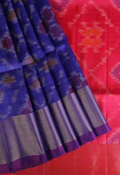 Admiral Blue Pochampalli Saree Without Zari With Floral Patterns