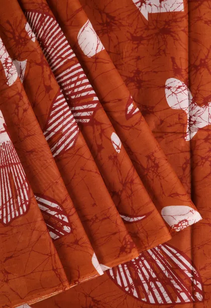 Fire Orange Mul Mul Cotton Without Zari With Pathik Motifs
