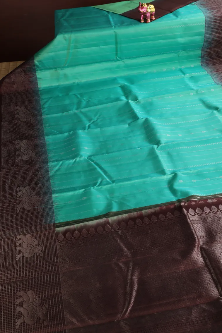 Teal Blue Soft Silk Saree with Silver Zari Straipes And Puttas view 2