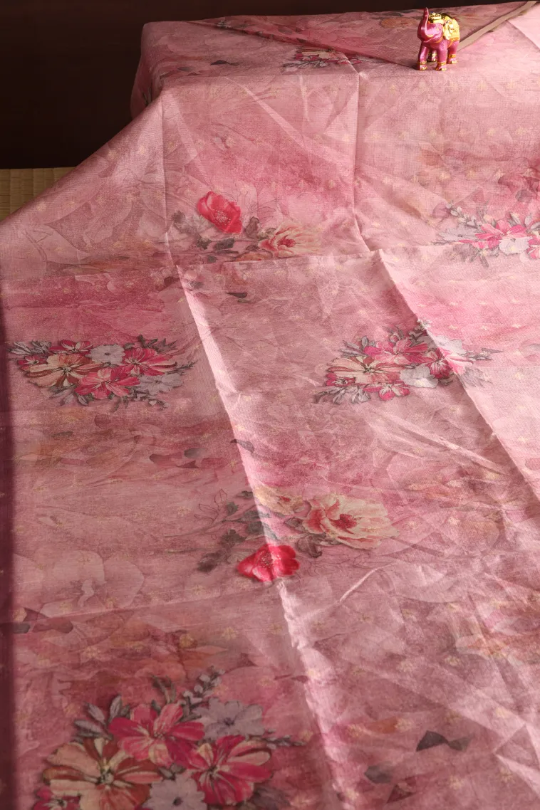 Crepe Pink Semi Tussar Silk Without Zari With Floral Patterns view 2