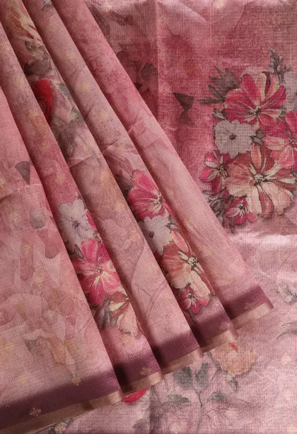 Crepe Pink Semi Tussar Silk Without Zari With Floral Patterns