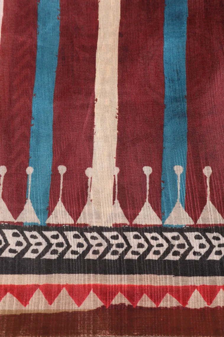 Berry Red Semi Tussar Silk Without Zari With Stripes view 3