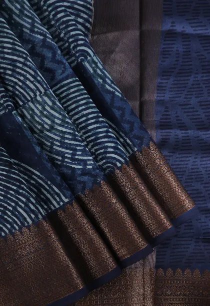 Azure Blue Chanderi Cotton Sarees with Copper Zari Geometric Shapes