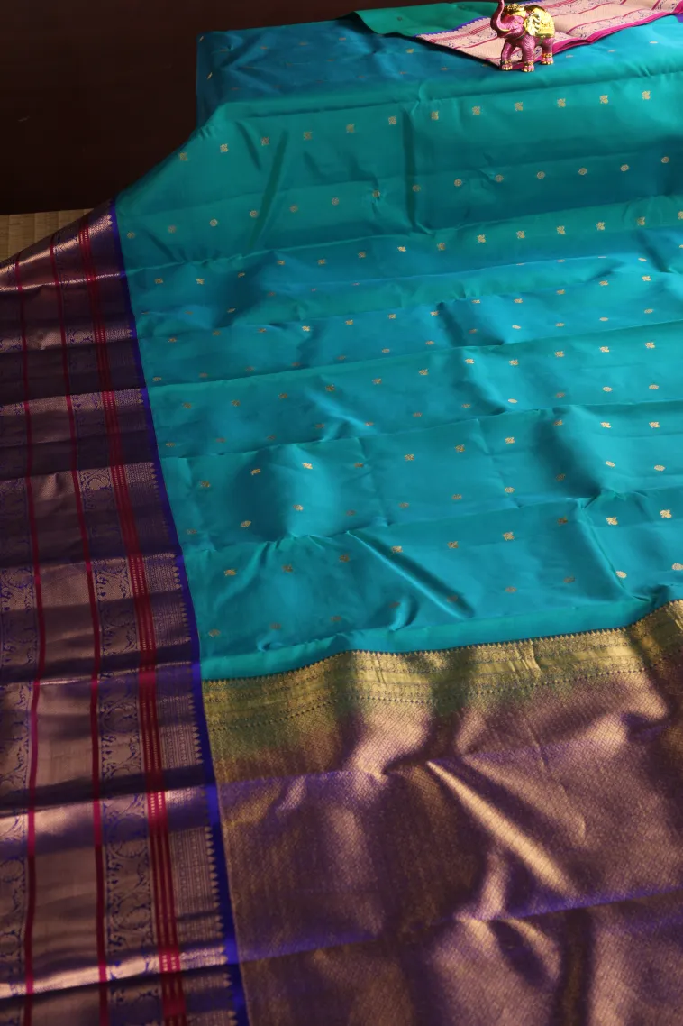 Cerulean Blue Soft Silk Saree with Gold Zari Rudhracham Mottif view 2