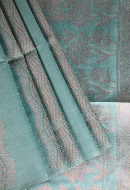 Sapphire Blue Tussar Saree with Antic Zari Kodi Pattern