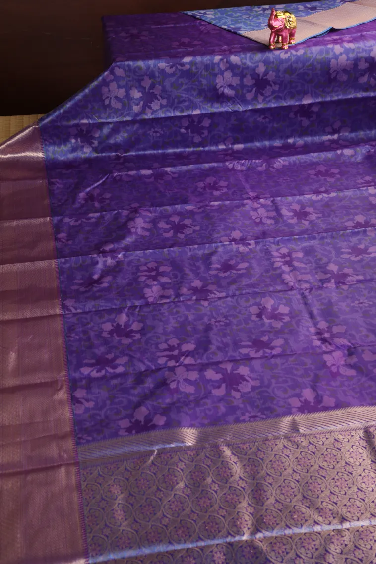 Navy Blue Soft Silk Sarees with Bronze Zari Floral Patterns view 2
