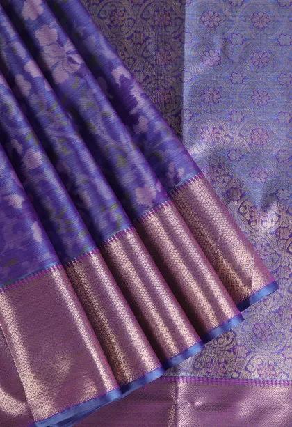 Navy Blue Soft Silk Sarees with Bronze Zari Floral Patterns