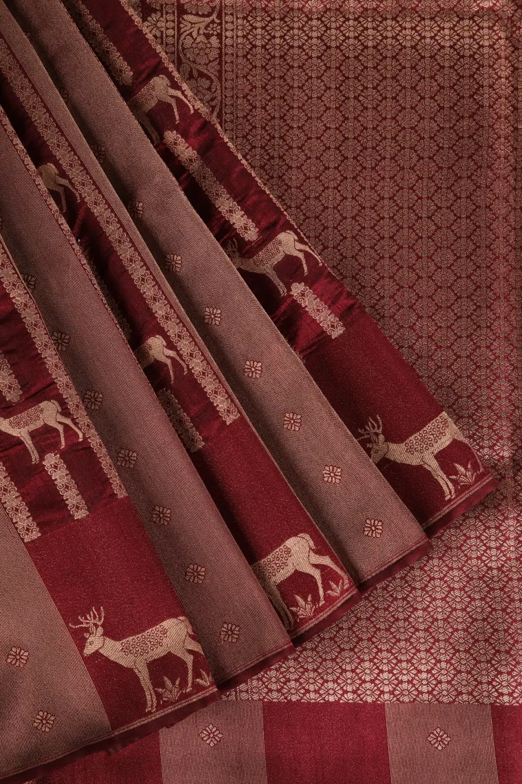 Jam Red Banaras Sarees with Gold Zari Animal Mottif