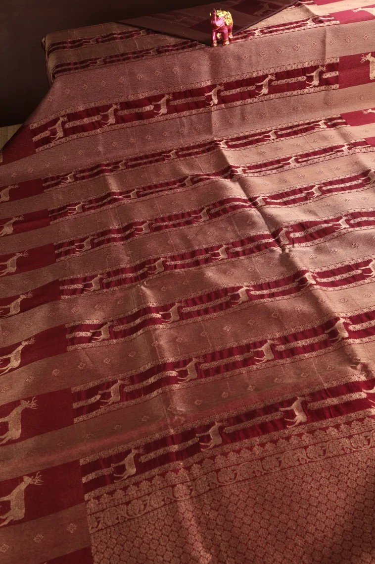 Jam Red Banaras Sarees with Gold Zari Animal Mottif view 2