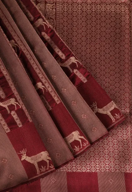 Jam Red Banaras Sarees with Gold Zari Animal Mottif
