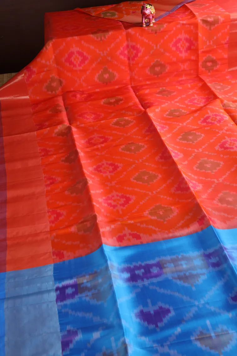 Fire Orange Pochampalli Saree Without Zari With Floral Patterns view 2