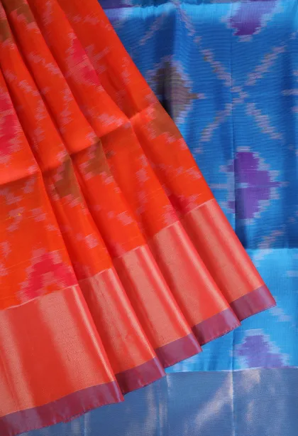 Fire Orange Pochampalli Saree Without Zari With Floral Patterns