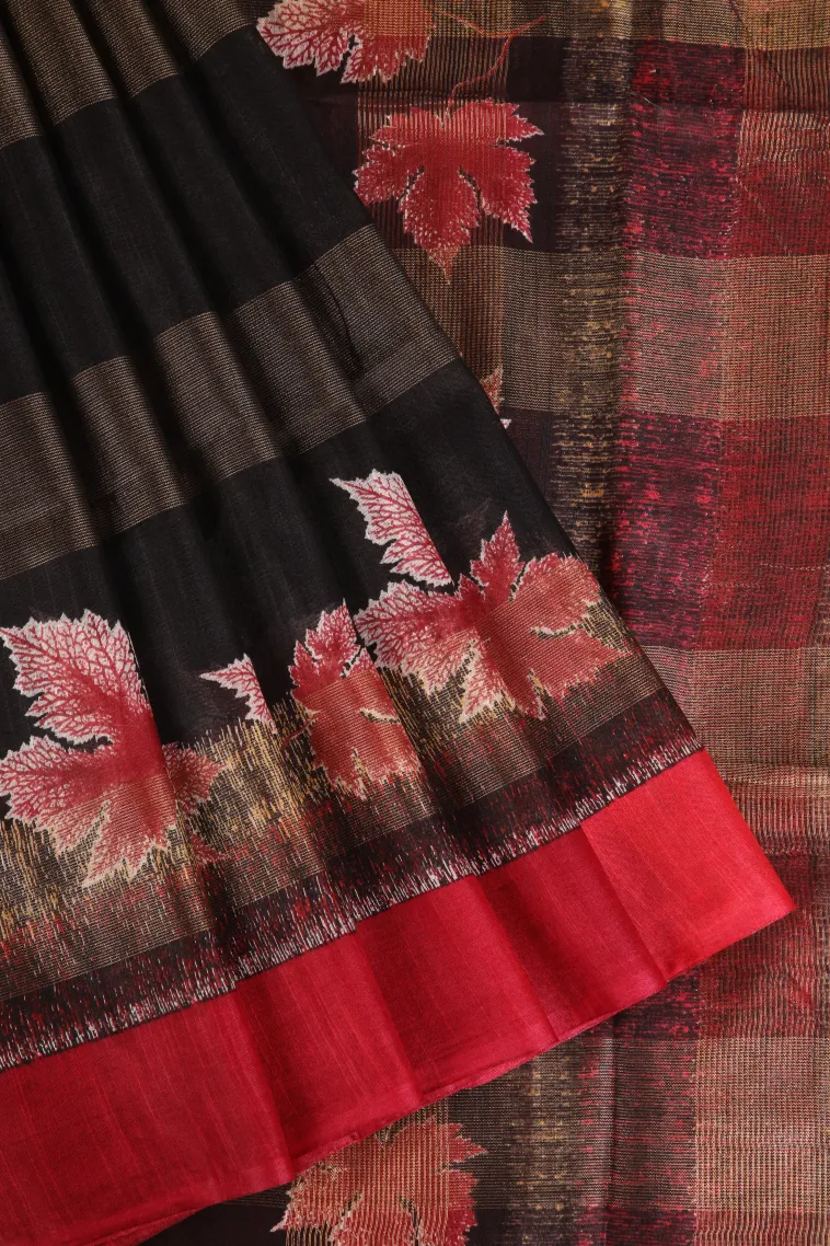 Asphalt Black Semi Tussar Silk with Gold Zari Stripes