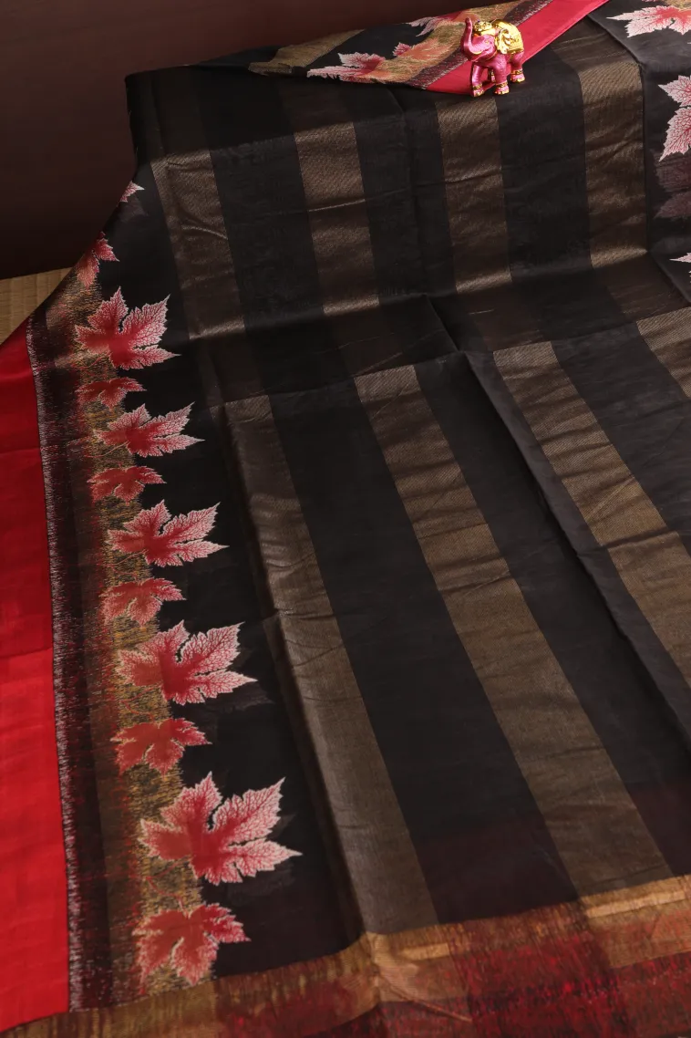 Asphalt Black Semi Tussar Silk with Gold Zari Stripes view 2