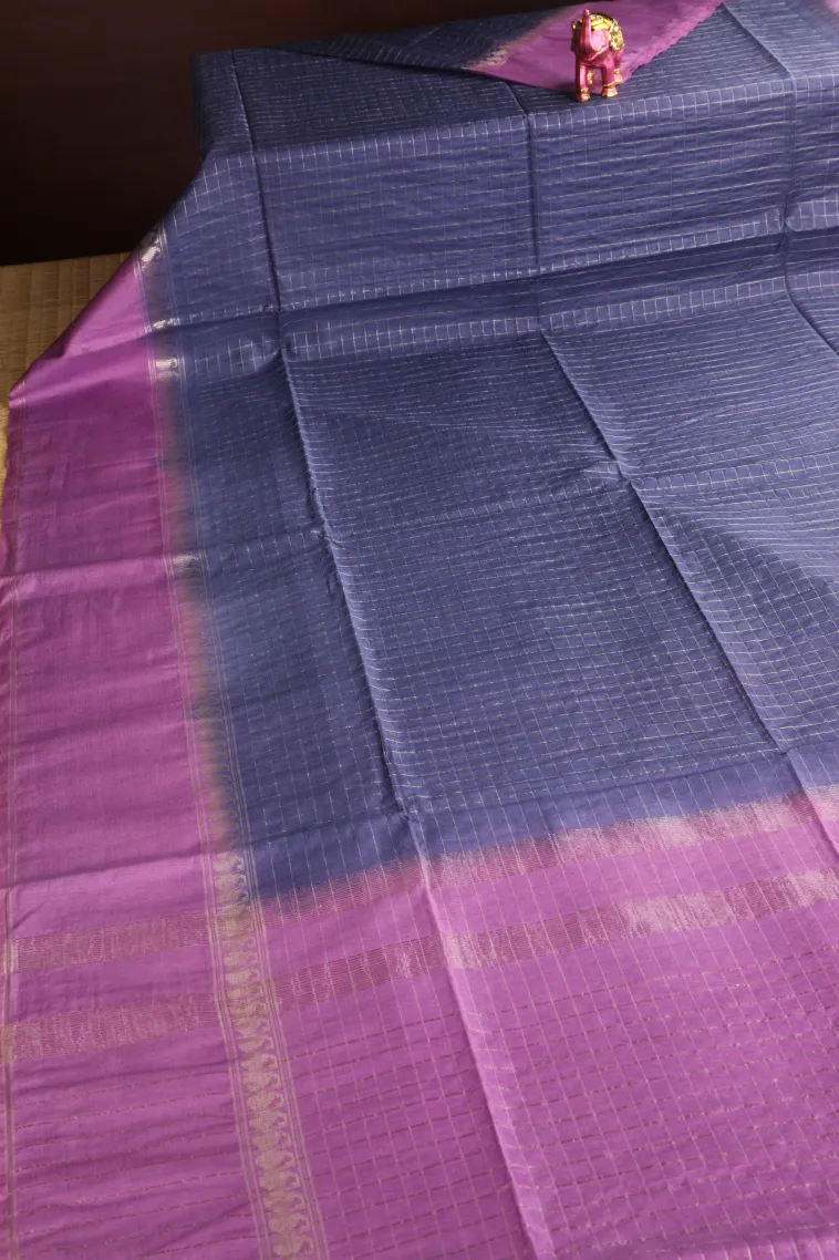Indigo Blue Tussar Saree with Gold Zari Checks view 2