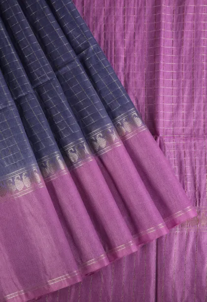 Indigo Blue Tussar Saree with Gold Zari Checks