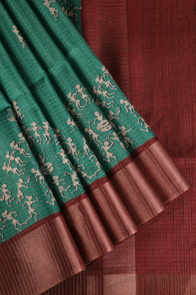 Mint Green Tussar Saree with Copper Zari Kalam Kari Pattern