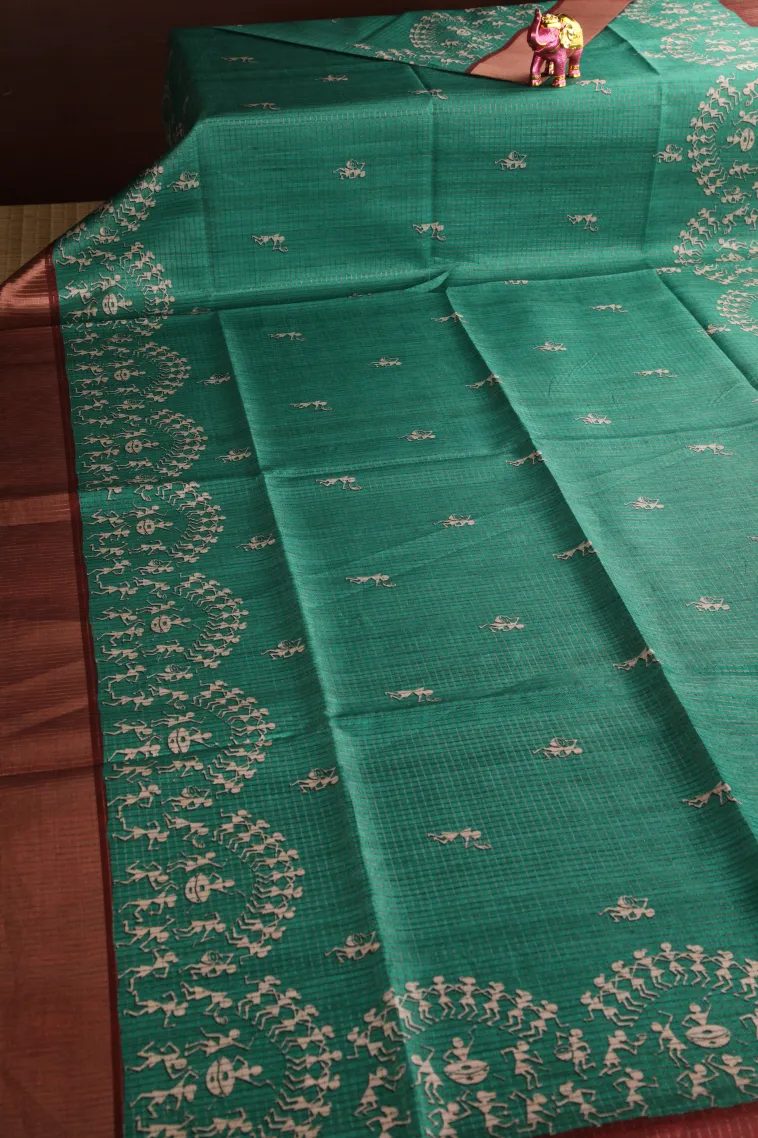 Mint Green Tussar Saree with Copper Zari Kalam Kari Pattern view 2