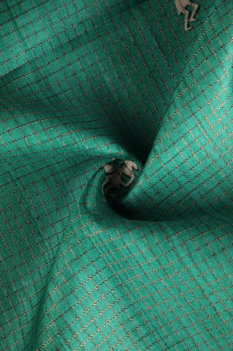 Mint Green Tussar Saree with Copper Zari Kalam Kari Pattern view 4
